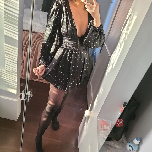 For Love & Lemons Black and Pink Polka Dot Long Sleeve Dress - Picture 6 of 7